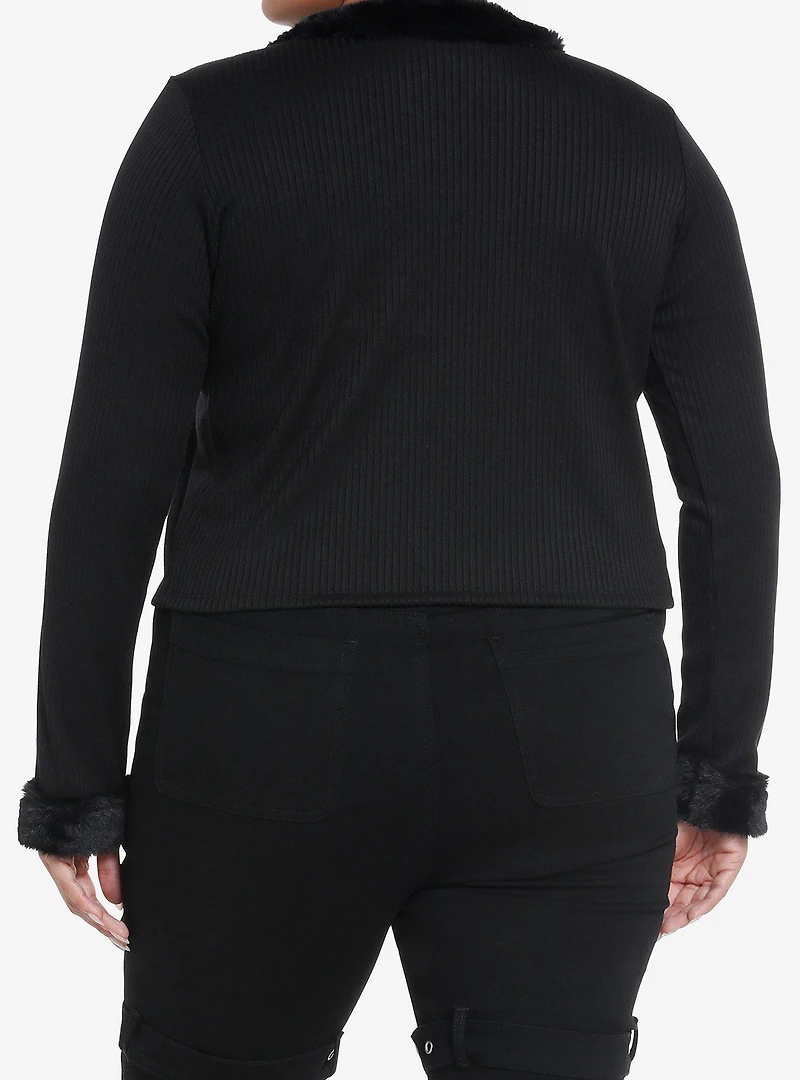 Social Collision Black Faux Fur Tie-Front Girls Cardigan Plus Size