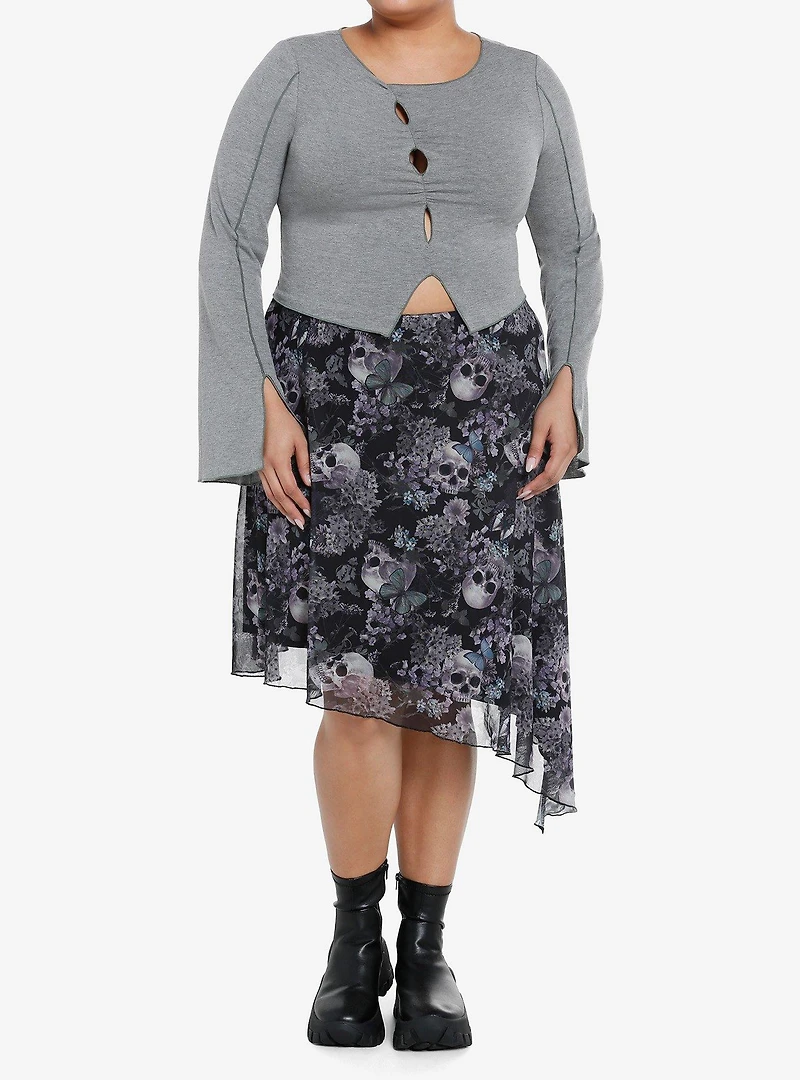 Thorn & Fable Grey & Green Bell Sleeve Girls Long-Sleeve Top Plus Size