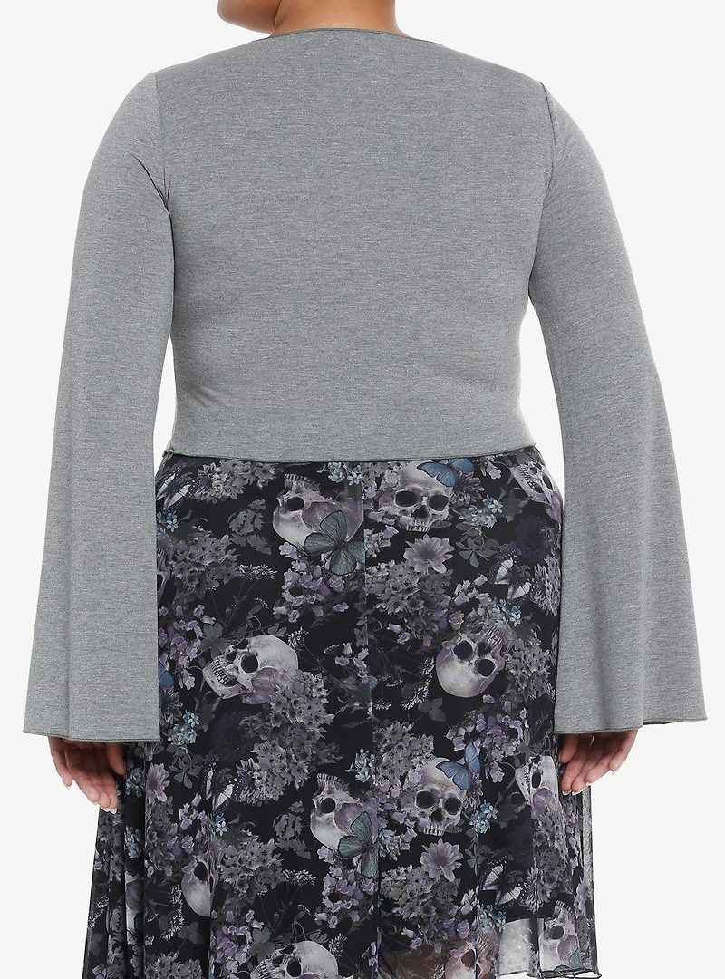 Thorn & Fable Grey & Green Bell Sleeve Girls Long-Sleeve Top Plus Size