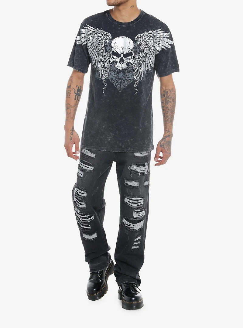 Social Collision Metal Foil Skull Dark Wash T-Shirt