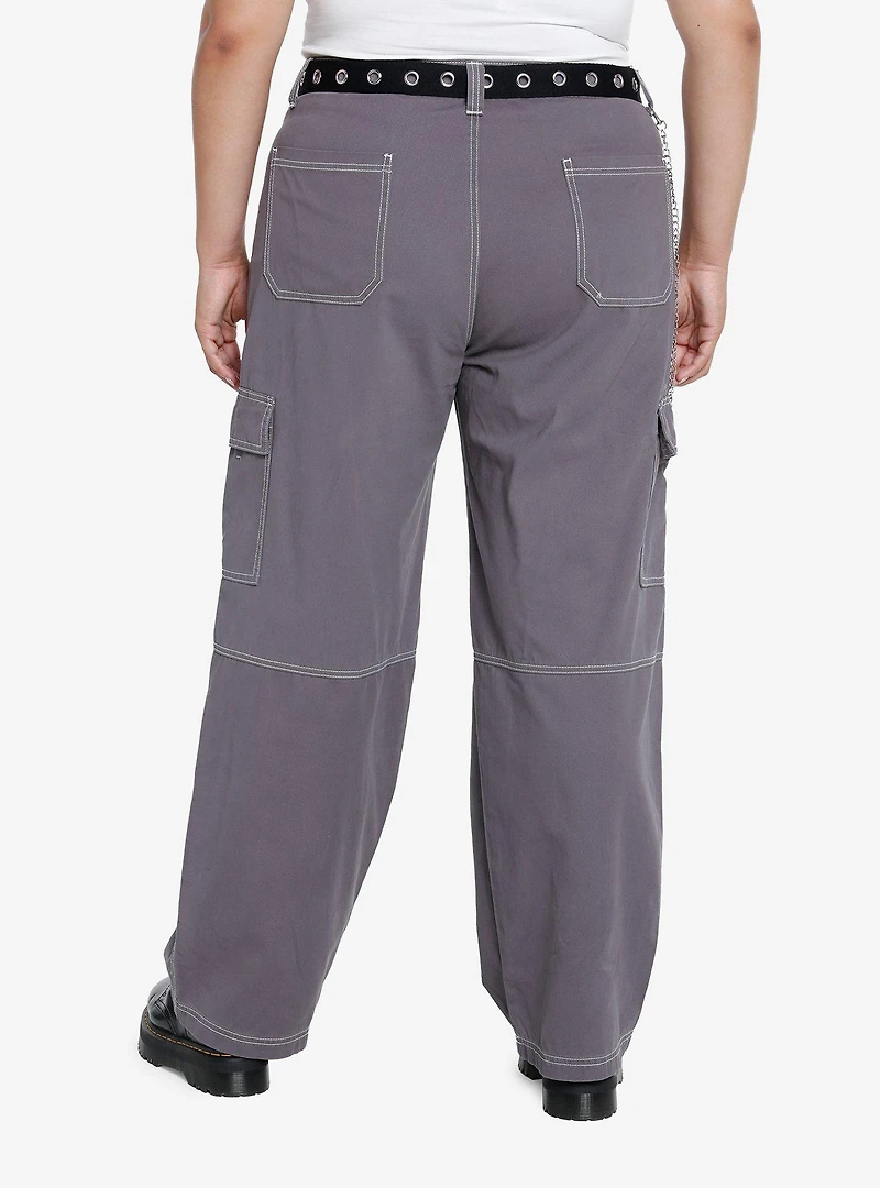 Grey Side Chain Carpenter Pants With Belt Plus Size
