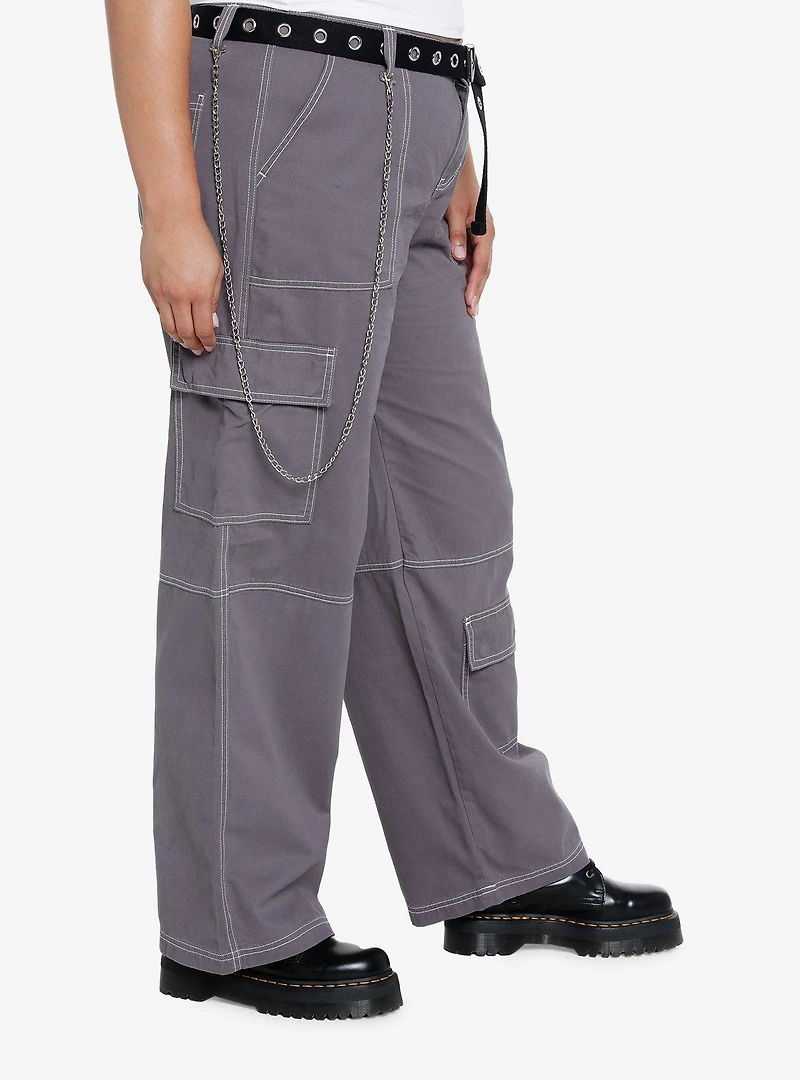 Grey Side Chain Carpenter Pants With Belt Plus Size