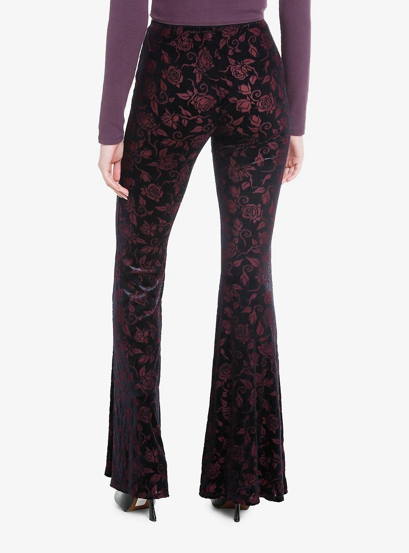 Black & Red Floral Velvet Bell Bottom Leggings