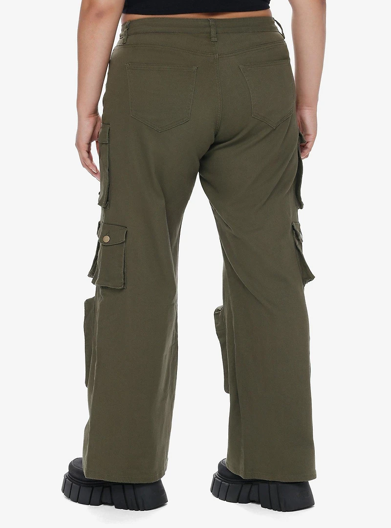 Olive Green Multi-Pocket Girls Cargo Pants Plus Size
