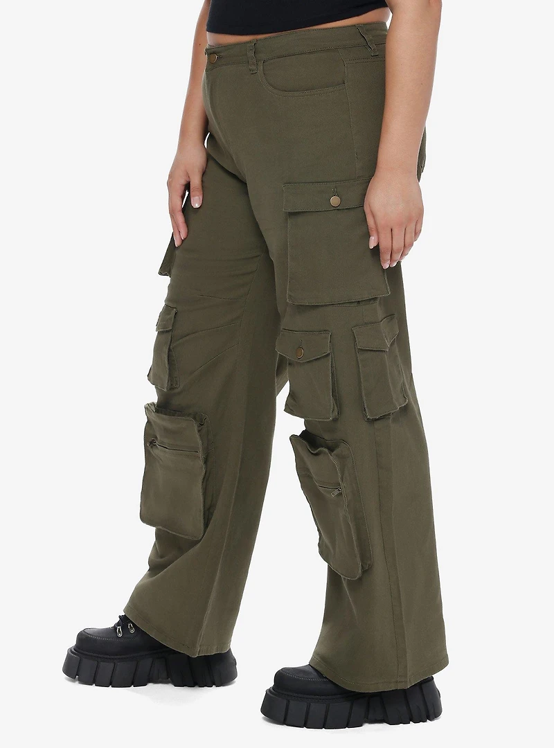 Olive Green Multi-Pocket Girls Cargo Pants Plus Size