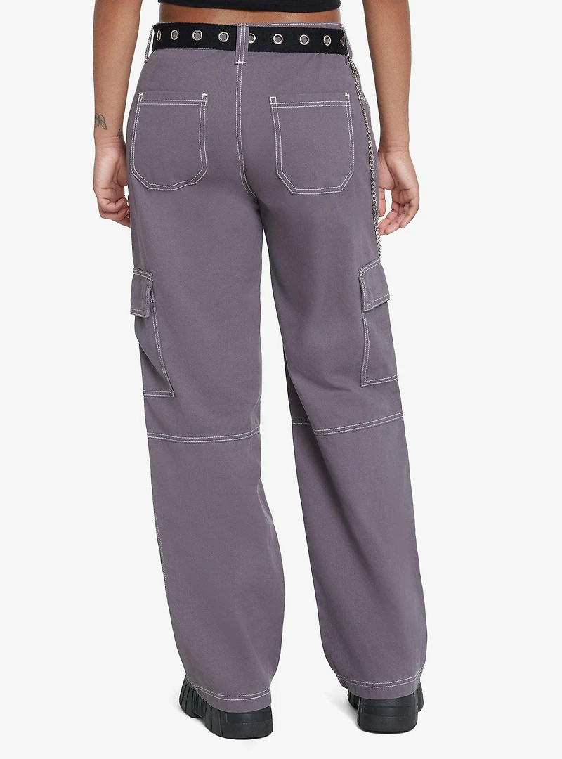 Grey Side Chain Carpenter Pants With Belt