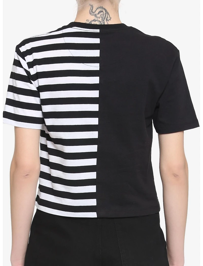 Black & White Stripe Split Girls Boxy Crop T-Shirt