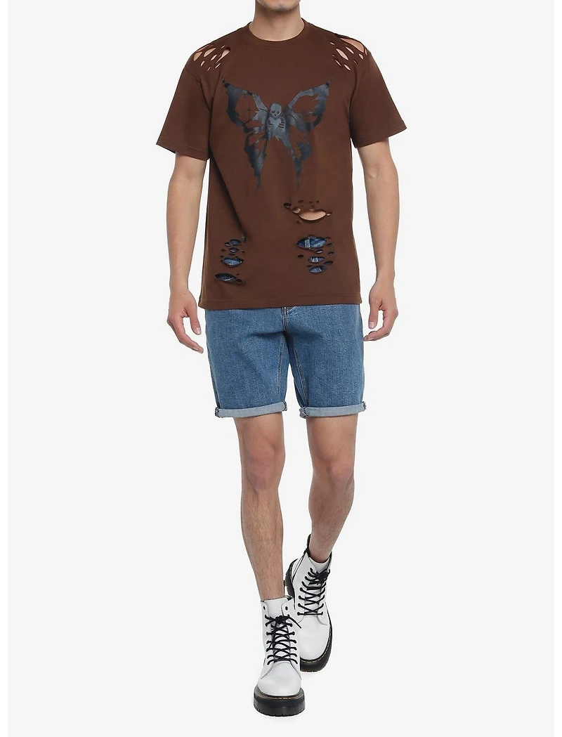 Grunge Butterfly Skull Distressed T-Shirt