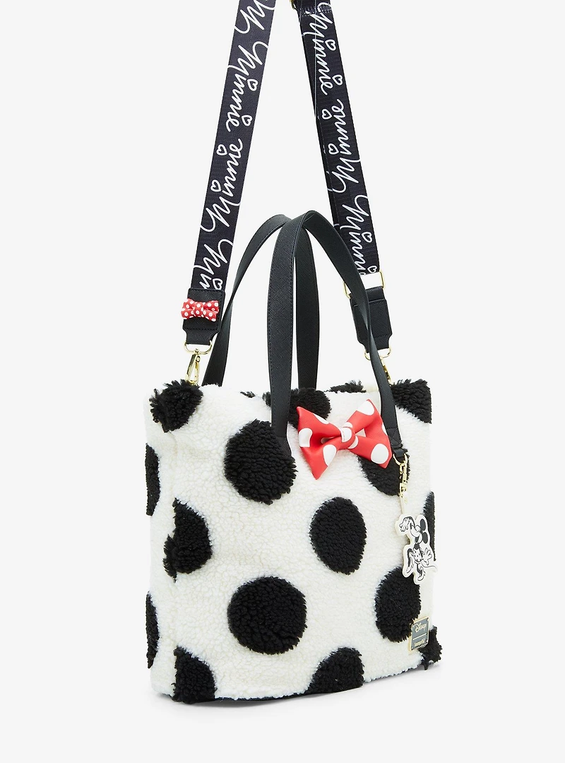 Loungefly Disney Minnie Mouse Black and White Polka Dot Sherpa Tote Bag