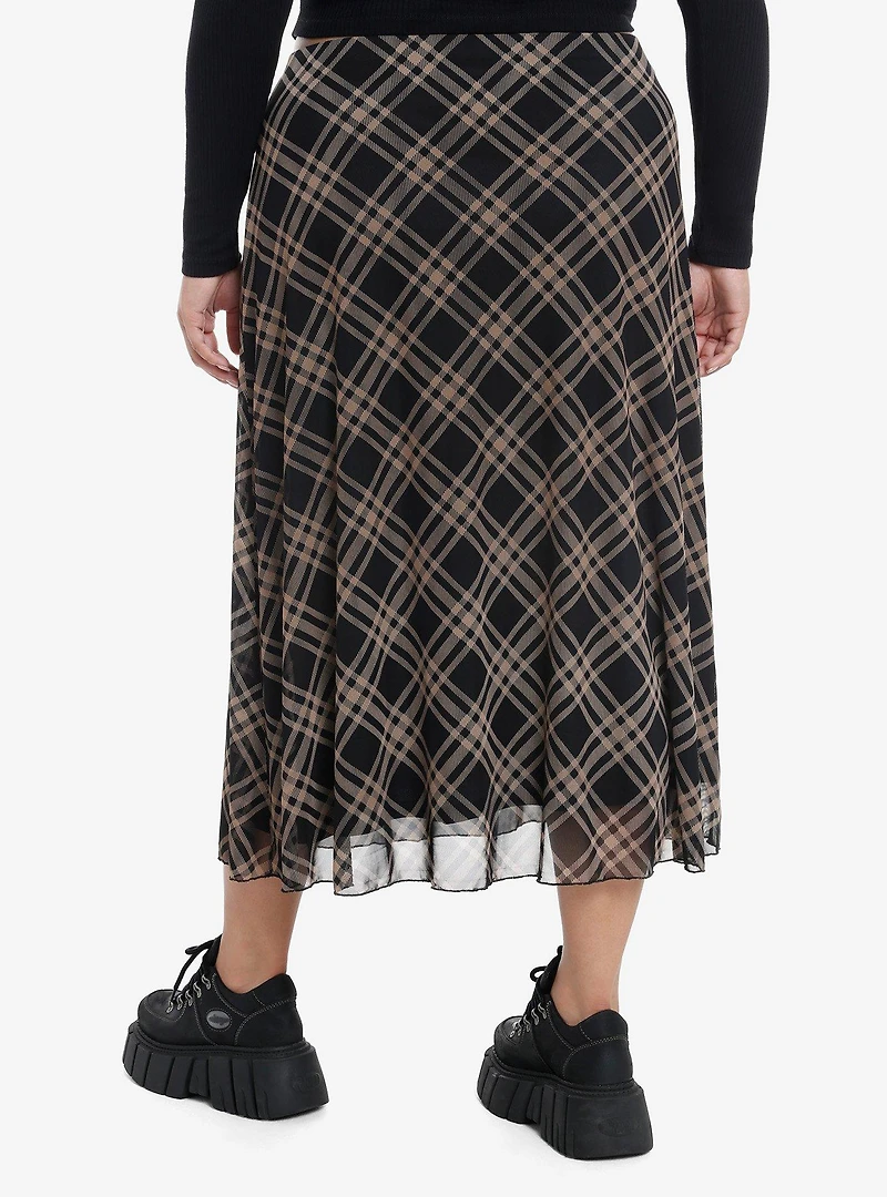 Social Collision Black & Brown Plaid Midi Skirt Plus Size