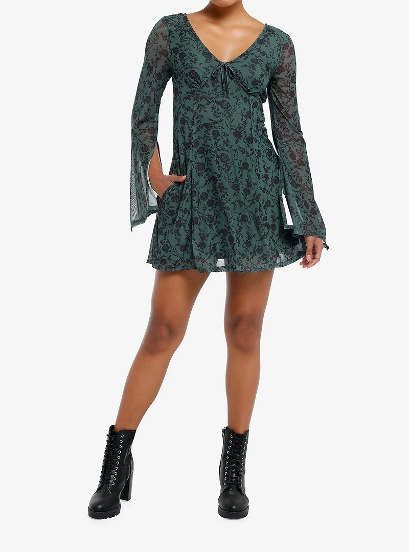 Thorn & Fable Olive Flower Bell Sleeve Dress