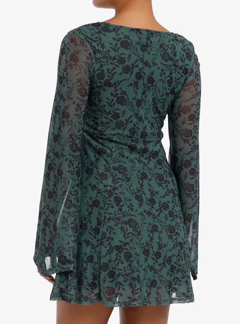Thorn & Fable Olive Flower Bell Sleeve Dress