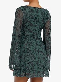 Thorn & Fable Olive Flower Bell Sleeve Dress