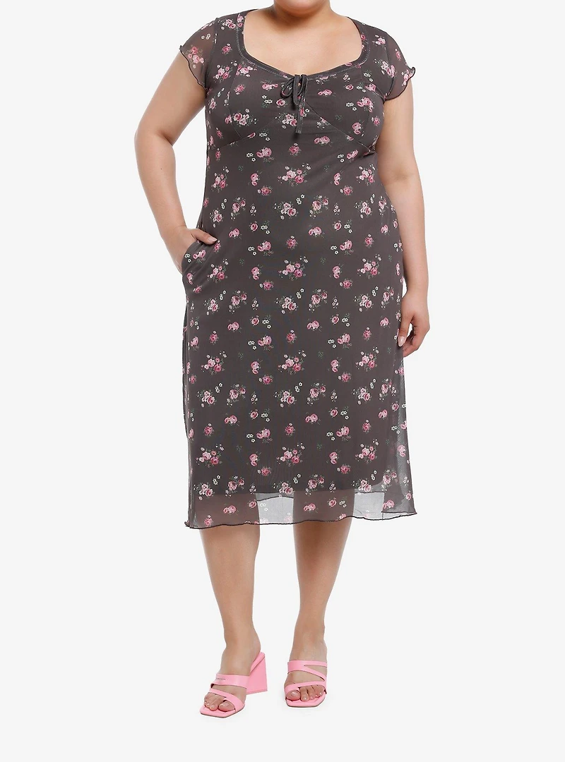 Thorn & Fable Brown Pink Roses Midaxi Dress Plus Size