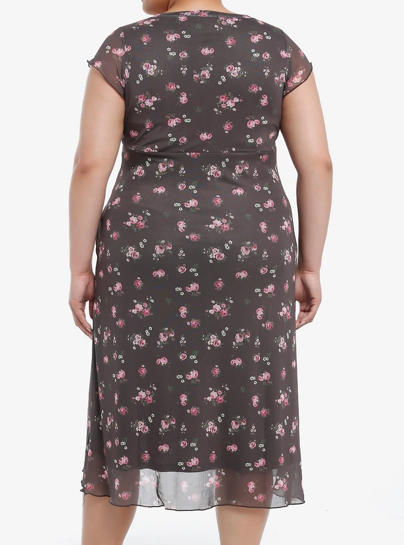 Thorn & Fable Brown Pink Roses Midaxi Dress Plus Size