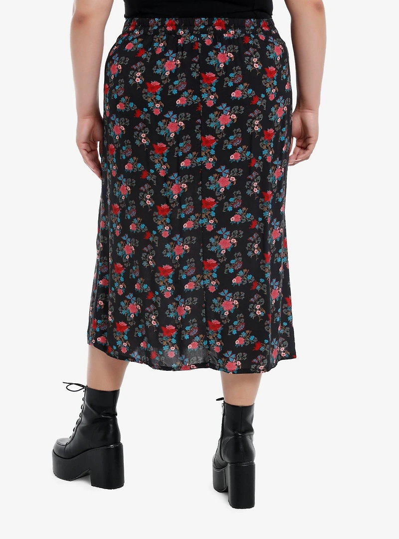 Daisy Street Floral Butterfly Lace-Up Slit Midi Skirt Plus Size