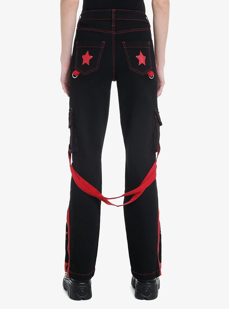Black & Red Star Suspender Flare Pants