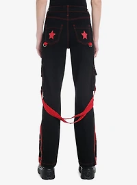 Black & Red Star Suspender Flare Pants