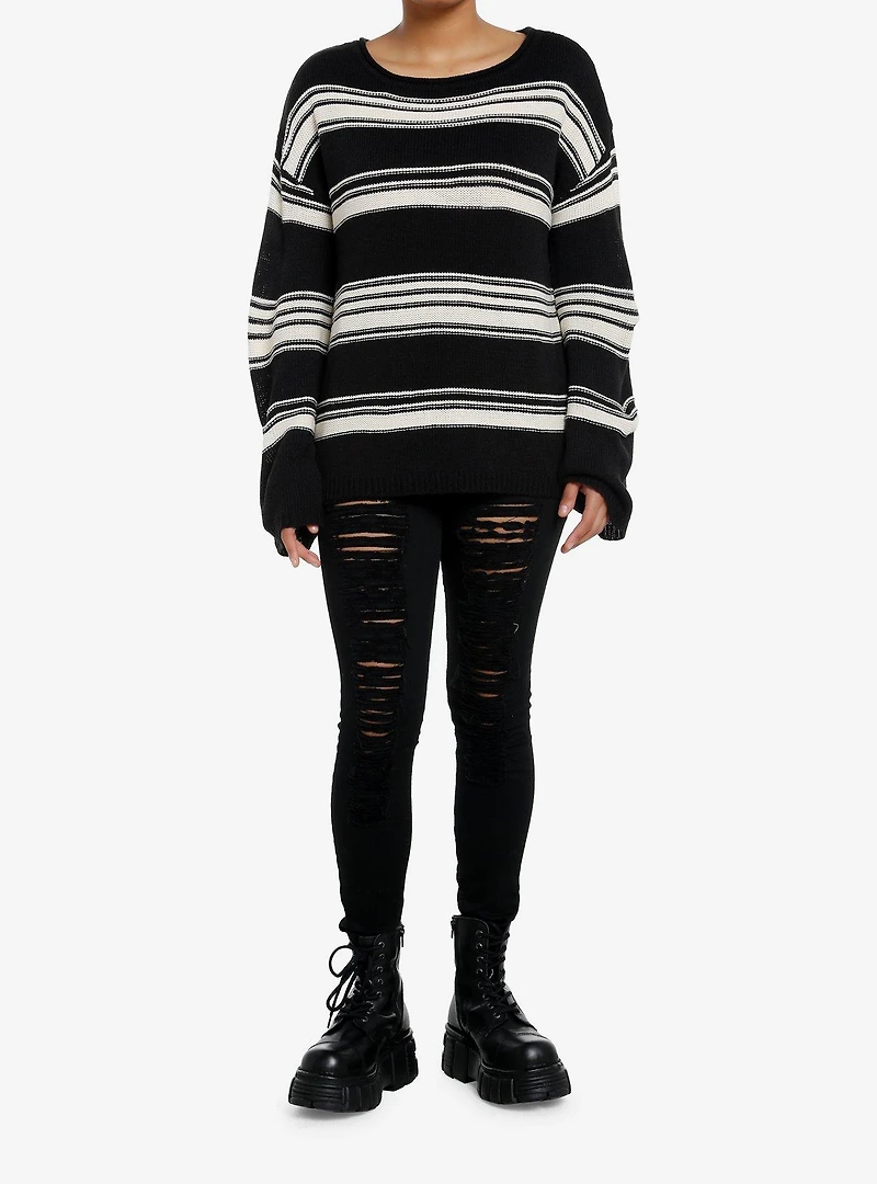 Black & Cream Stripe Boatneck Knit Girls Sweater