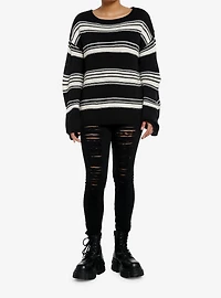 Black & Cream Stripe Boatneck Knit Girls Sweater