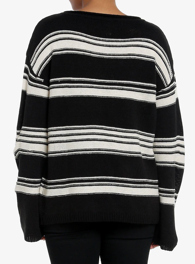 Black & Cream Stripe Boatneck Knit Girls Sweater