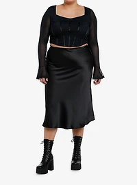 Cosmic Aura Black Corset Mesh Girls Long-Sleeve Crop Top Plus Size