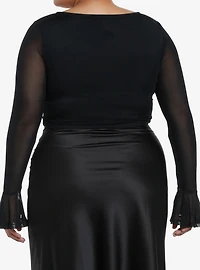 Cosmic Aura Black Corset Mesh Girls Long-Sleeve Crop Top Plus Size