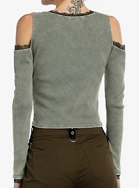 Social Collision Skull Floral Girls Cold Shoulder Long-Sleeve Top