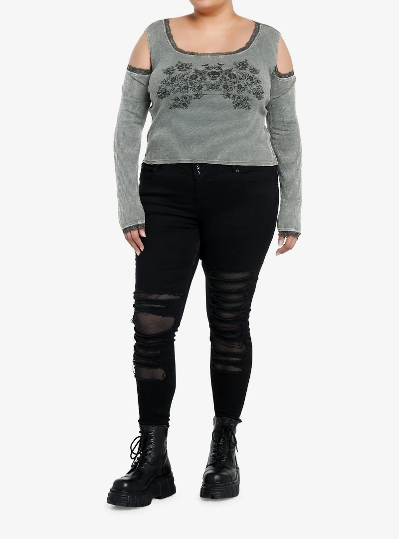 Social Collision Skull Floral Girls Cold Shoulder Long-Sleeve Top Plus Size