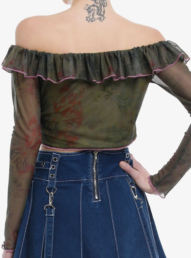 Grunge Butterfly Floral Girls Off-Shoulder Crop Top