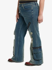 Destructed Zipper Flare Denim Pants Plus Size