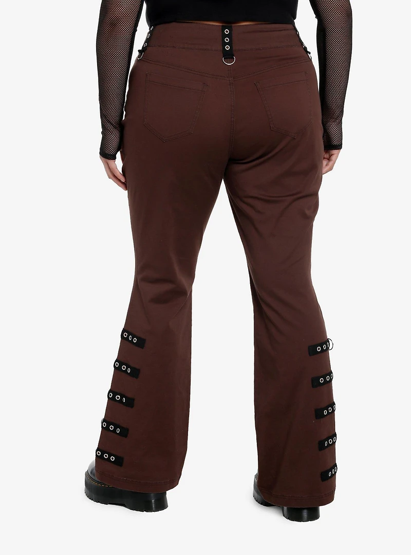 Brown Contrast Grommet Strap Flare Pants Plus Size