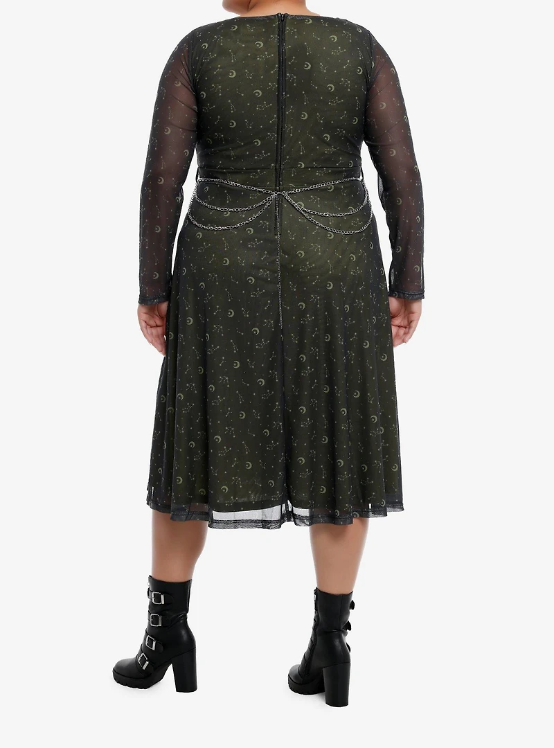 Cosmic Aura Gold Constellation Chain Belt Long-Sleeve Dress Plus