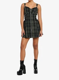 Social Collision Green & Black Zipper Plaid Cami Dress