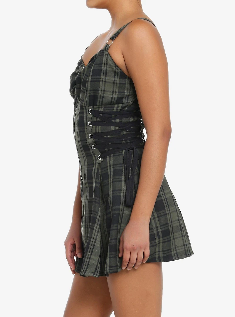 Social Collision Green & Black Zipper Plaid Cami Dress