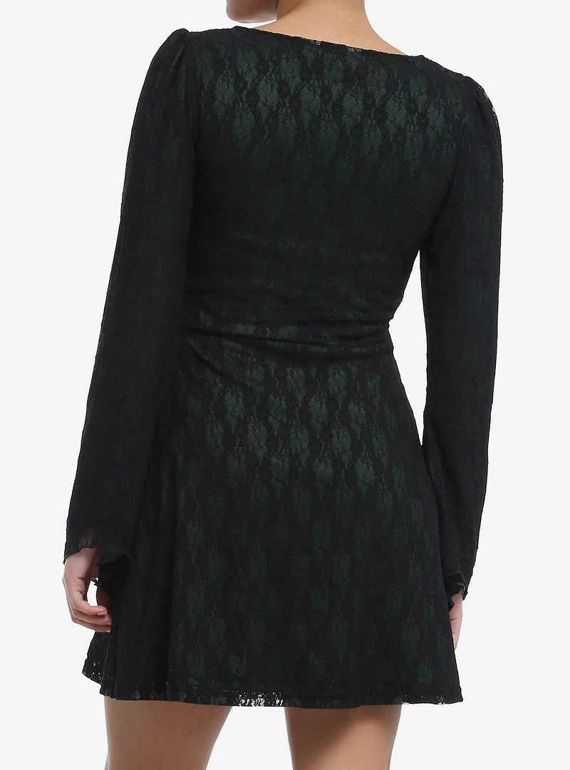 Black & Green Lace Bell Sleeve Dress