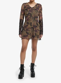 Brown Paisley Patchwork Bell Sleeve Dress