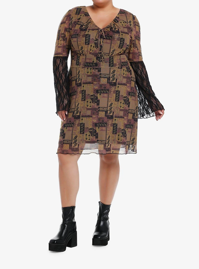 Brown Paisley Patchwork Bell Sleeve Dress Plus Size