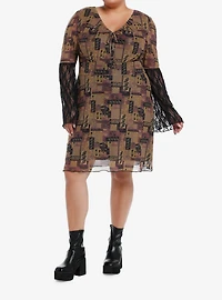 Brown Paisley Patchwork Bell Sleeve Dress Plus Size
