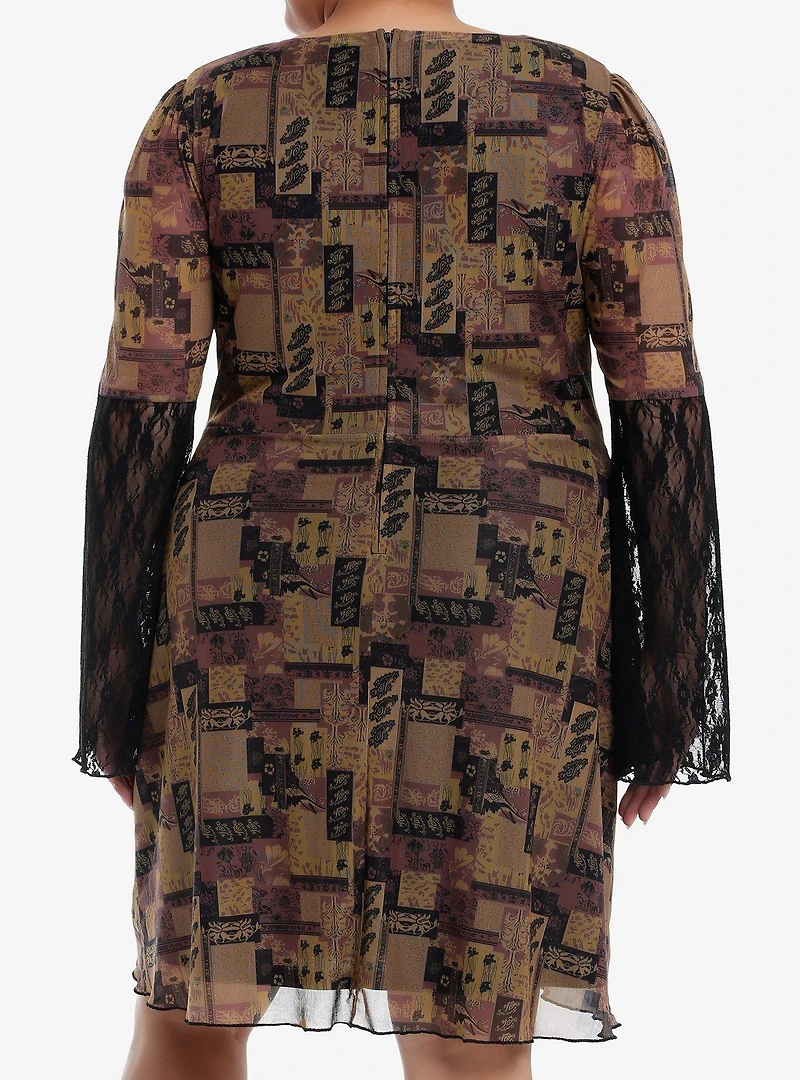Brown Paisley Patchwork Bell Sleeve Dress Plus Size