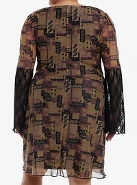 Brown Paisley Patchwork Bell Sleeve Dress Plus Size