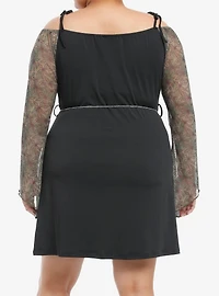 Thorn & Fable Grunge Floral Cold Shoulder Dress With Belt Plus Size