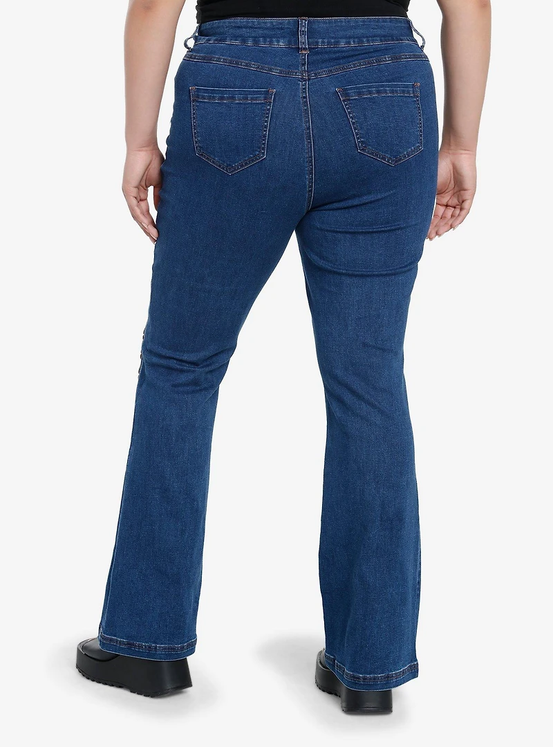 Dark Indigo Brown Lace-Up Girls Flare Jeans Plus Size