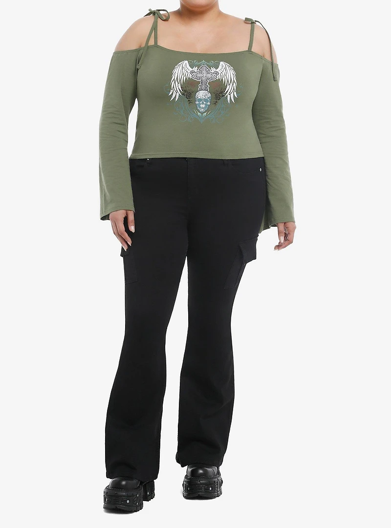 Winged Skull Bell Sleeve Girls Cold Shoulder Top Plus Size