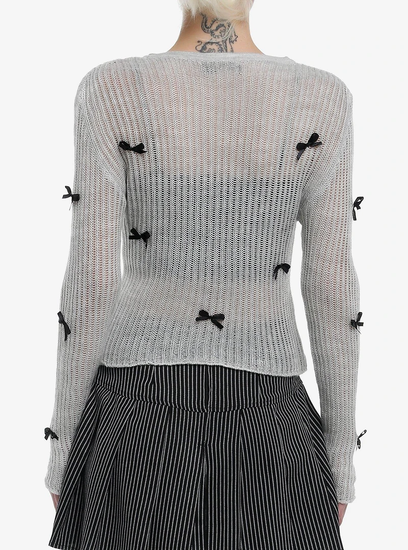 Grey Black Bow Knit Girls Sweater