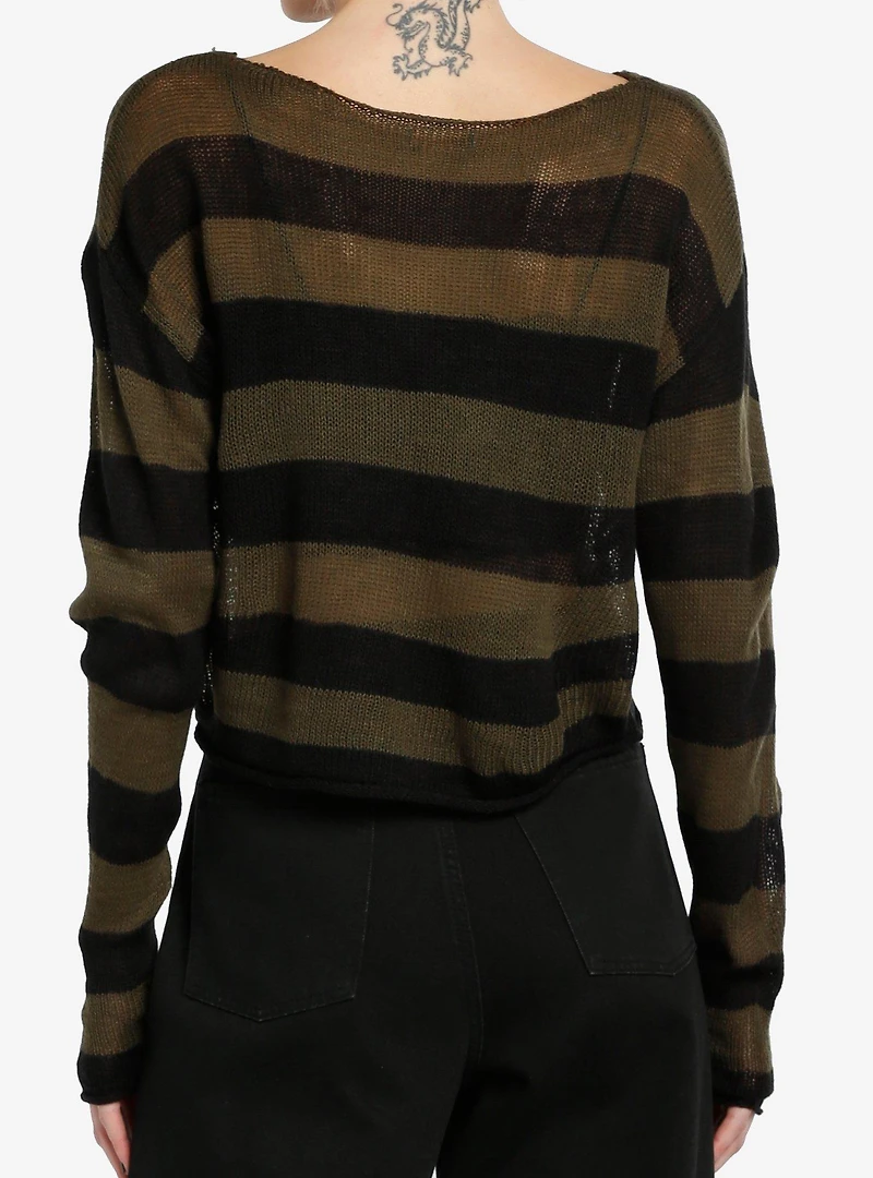 Social Collision Green & Black Stripe Crop Girls Sweater