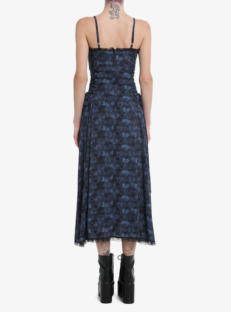 Cosmic Aura Blue Swirl Wash Side Slit Midi Dress