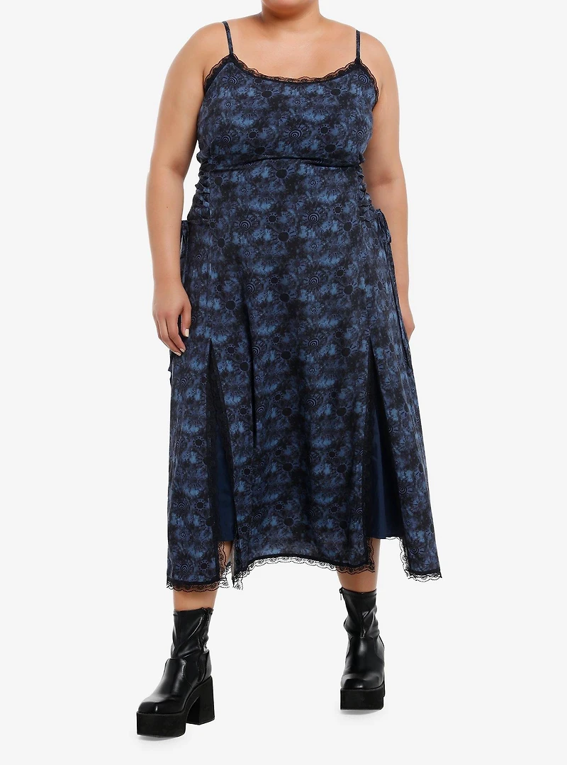 Cosmic Aura Blue Swirl Wash Side Slit Midi Dress Plus Size