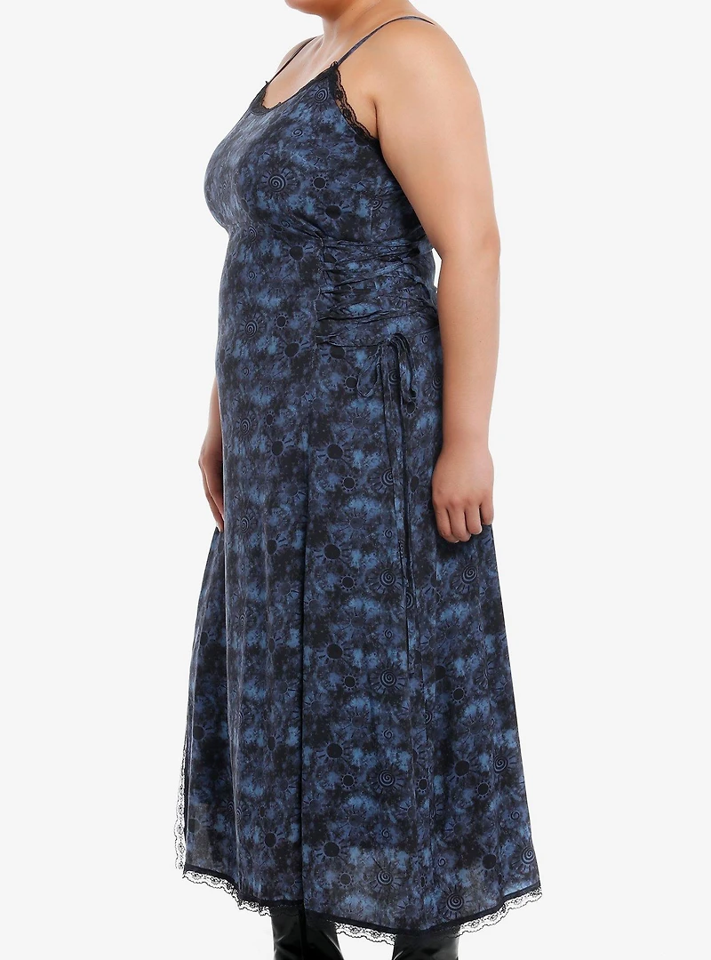 Cosmic Aura Blue Swirl Wash Side Slit Midi Dress Plus Size