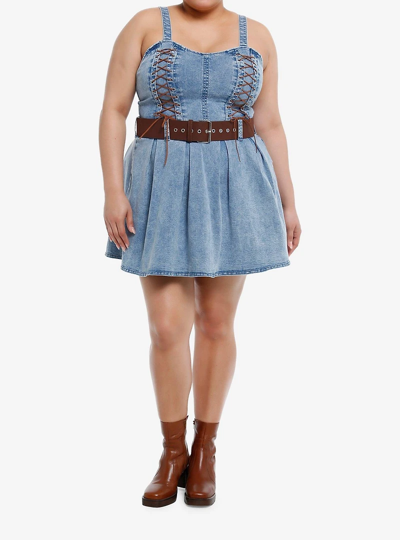 Sweet Society® Brown Lace-Up Belted Denim Dress Plus Size